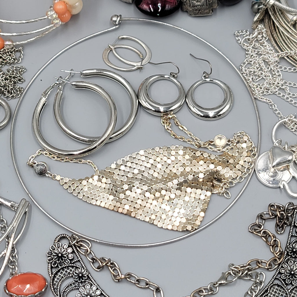 Silver tone Fashion Jewelry Lot of 39 Necklace Bracelets Earrings All Wearable