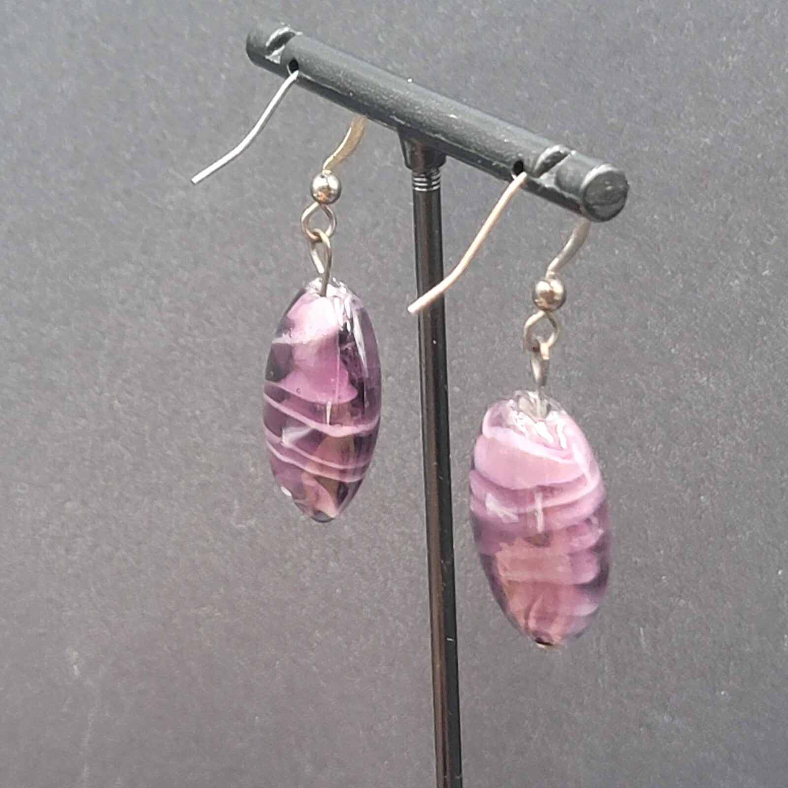 Pierced Earrings Purple Art Glass Bead Dangle 1"