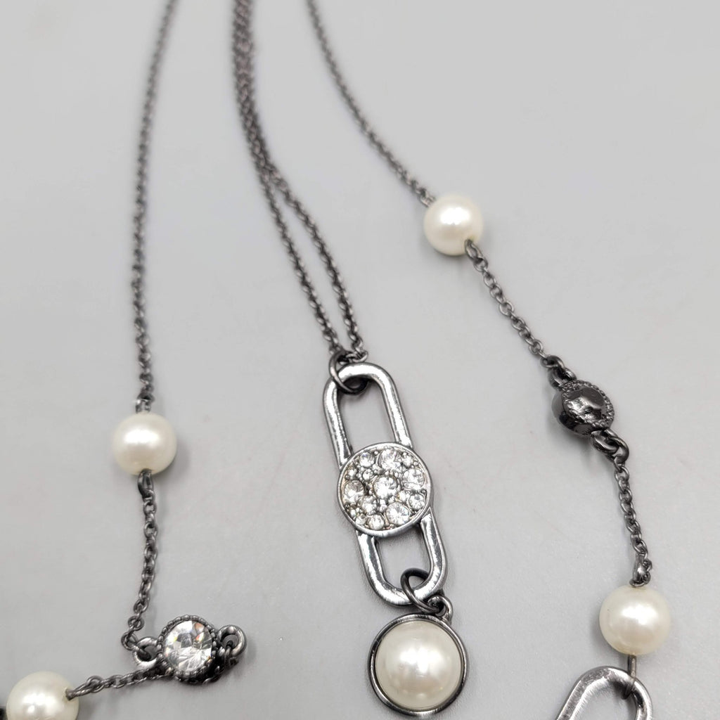 Black Metal Faux Pearl Rhinestone Necklace Convertible Removable Layer 18" & 36"