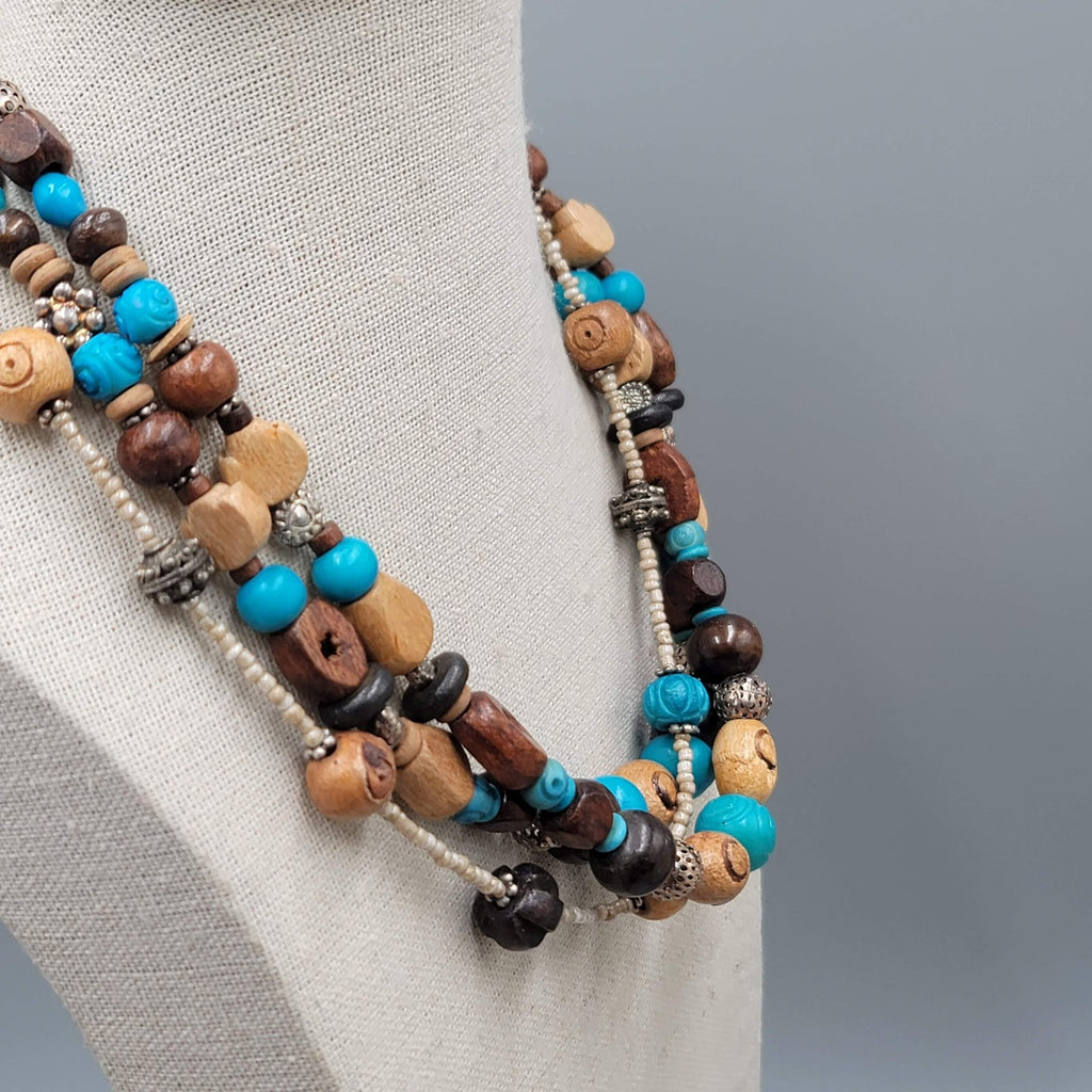 Stephan & Co Multi Strand Wooden Bead Necklace Silver Tone Boho Layered 18 Inch