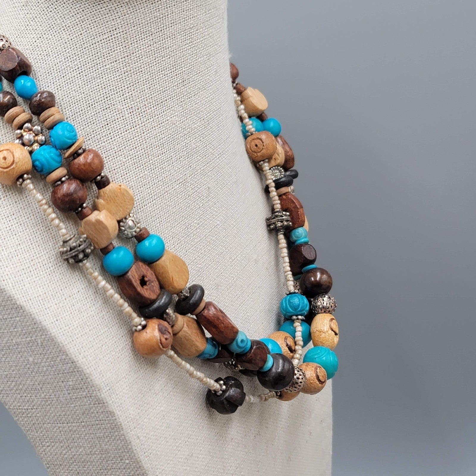 Stephan & Co Multi Strand Wooden Bead Necklace Silver Tone Boho Layered 18 Inch