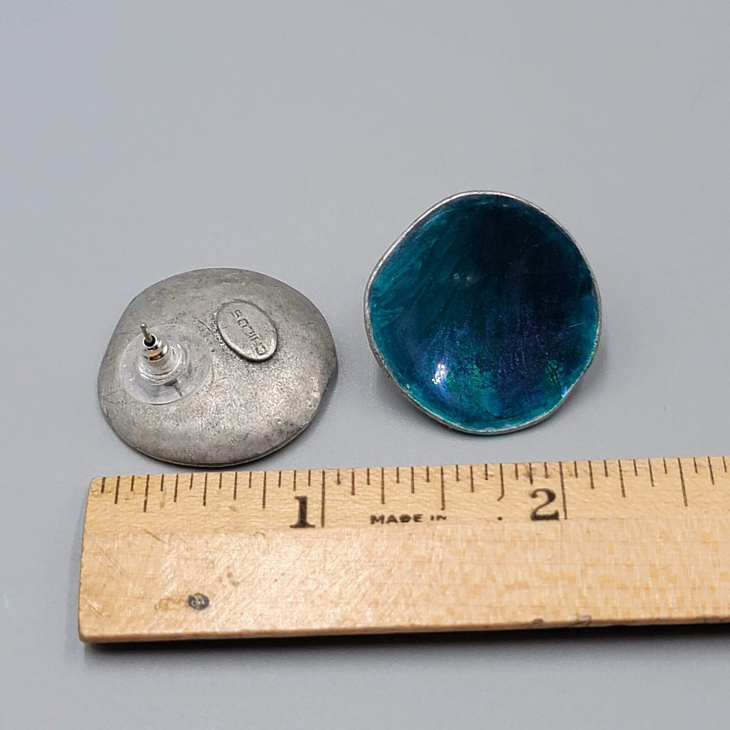 Chicos Pierced Earrings Round Blue Purple Enamel Disc 1"
