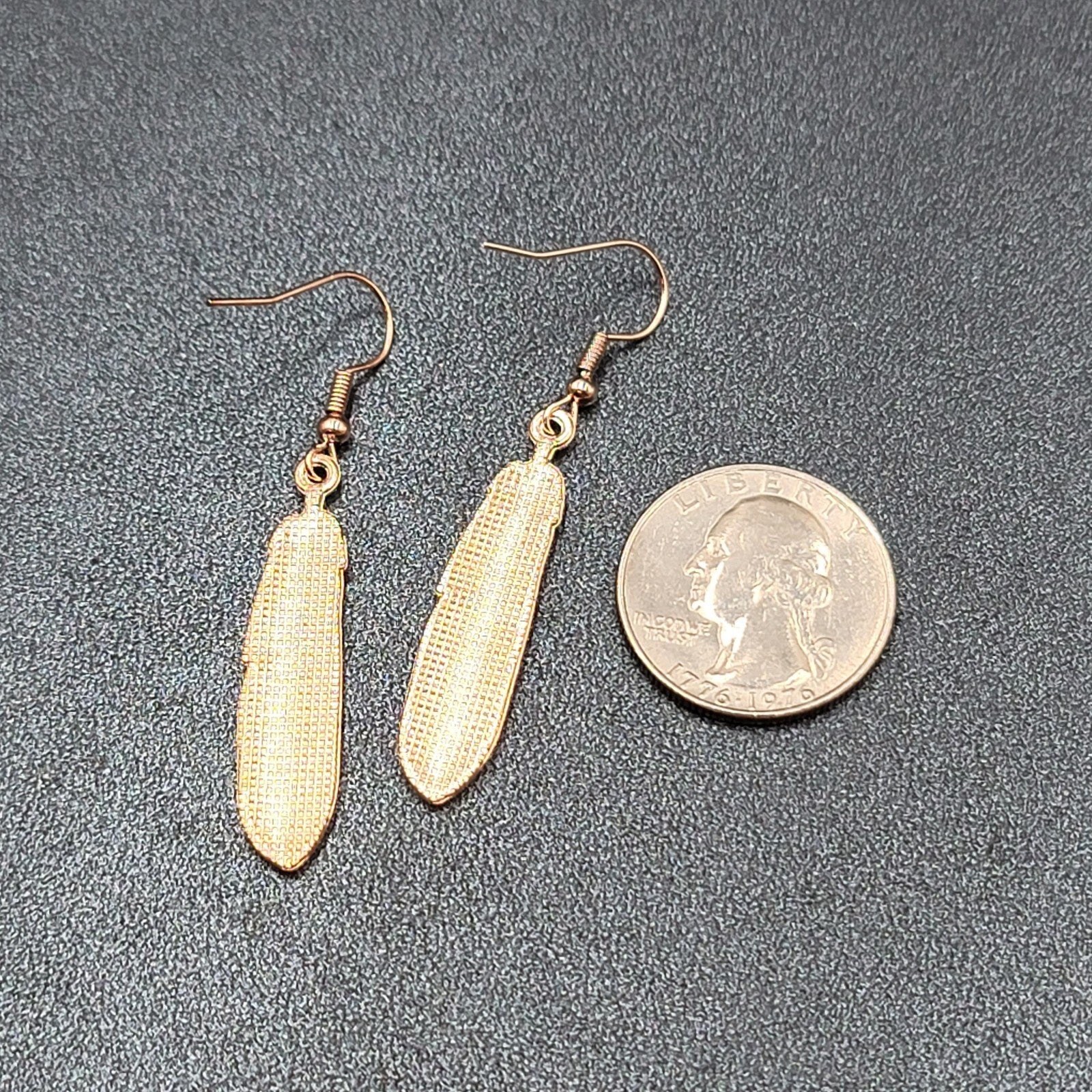 Metal Feather Pierced Earrings Ornage Blue Gold tone Dangle 1.5"