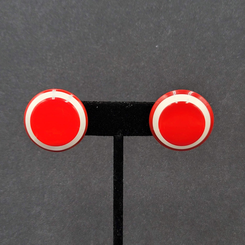 Vintage Pierced Earrings Bright Red and White Acrylic Round Studs 1"