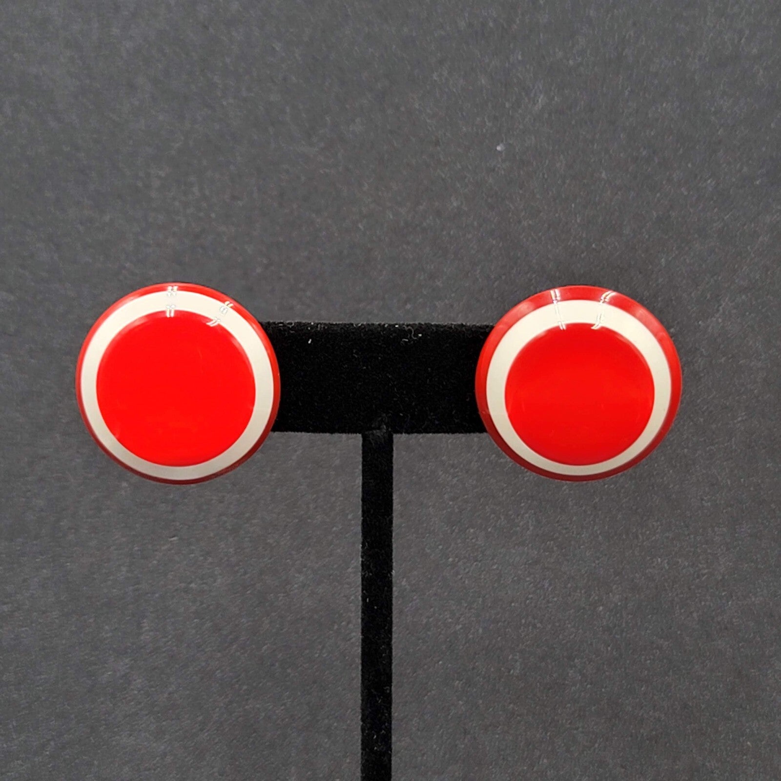 Vintage Pierced Earrings Bright Red and White Acrylic Round Studs 1"