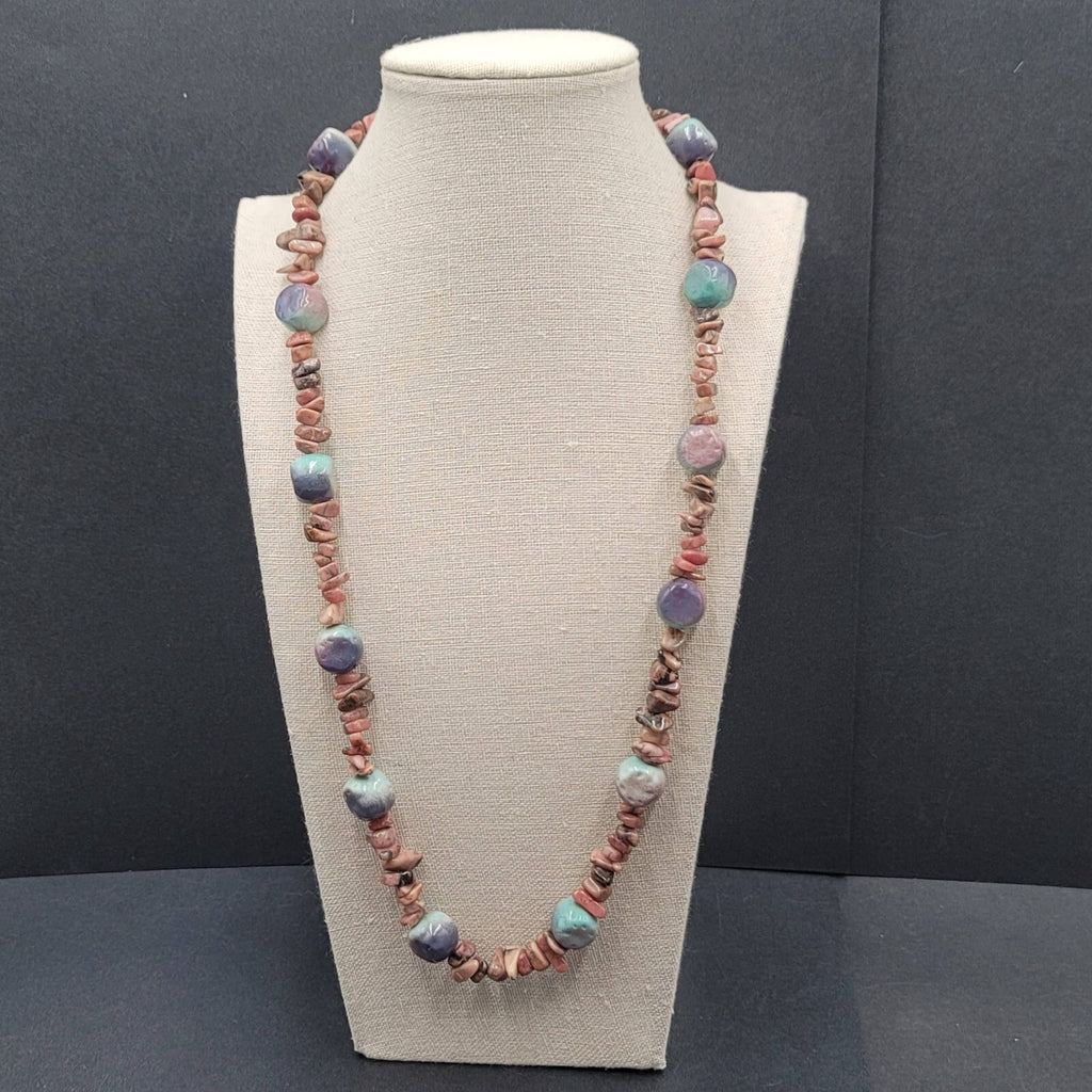 Pink Agate Stone and Pottery Art Bead Necklace 26" Barrel Clasp Artisan