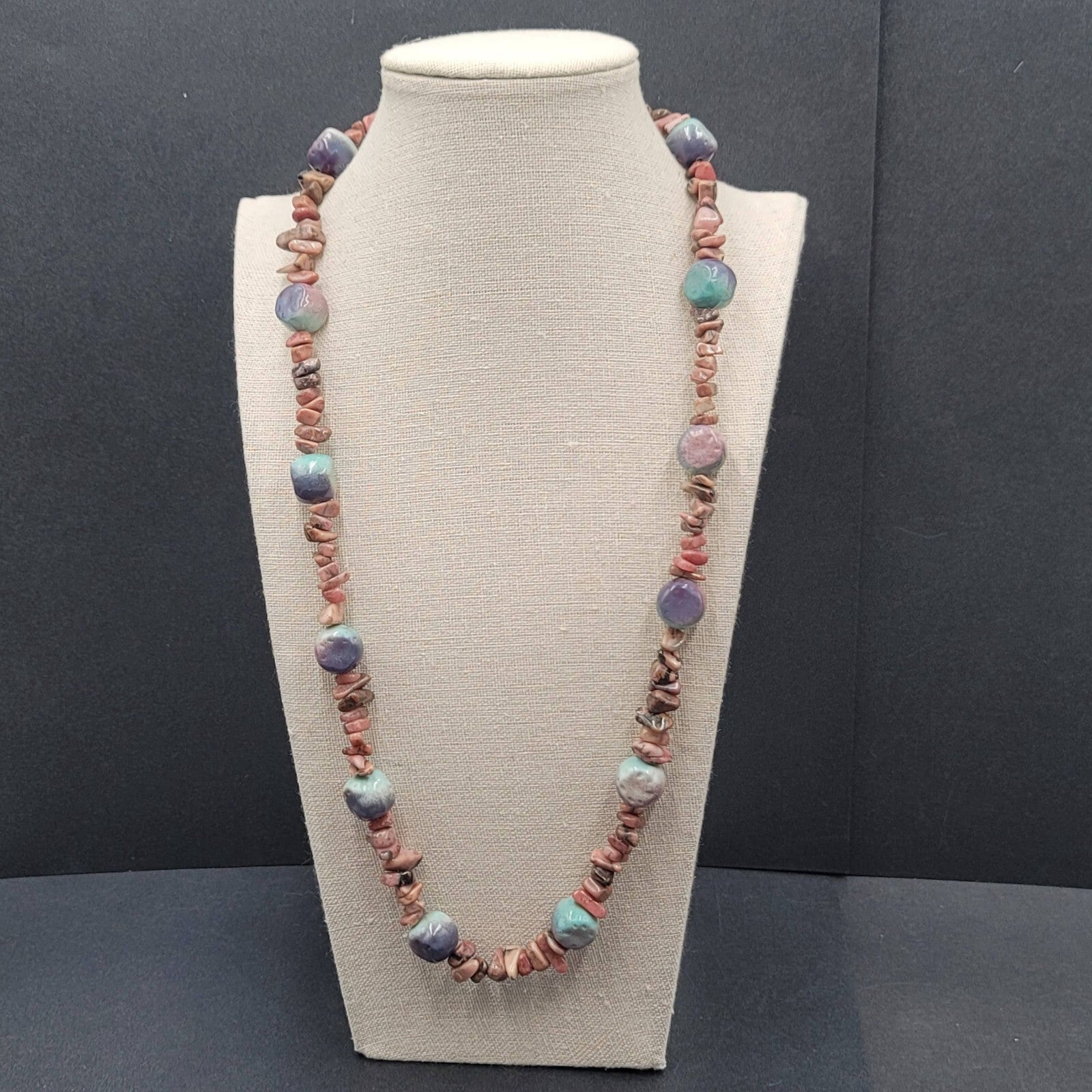 Pink Agate Stone and Pottery Art Bead Necklace 26" Barrel Clasp Artisan