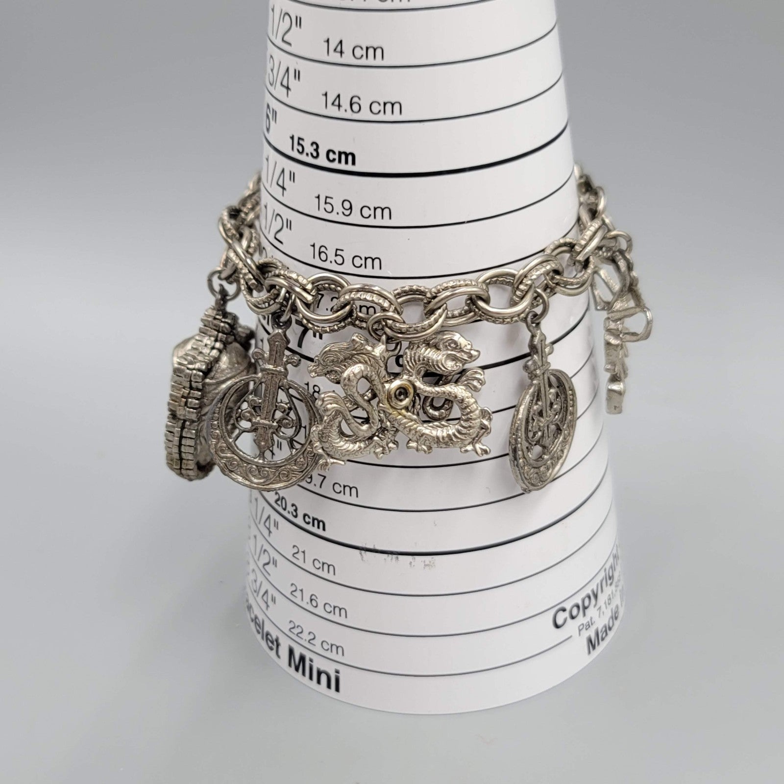 Vintage HAR HARGO Charm Bracelet Asian Silver tone Chunky 6.75 in