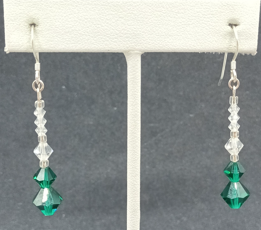 Pierced Earrings Silver tone Hook Faceted Clear Green Beaded Dangle 1 1/4"
