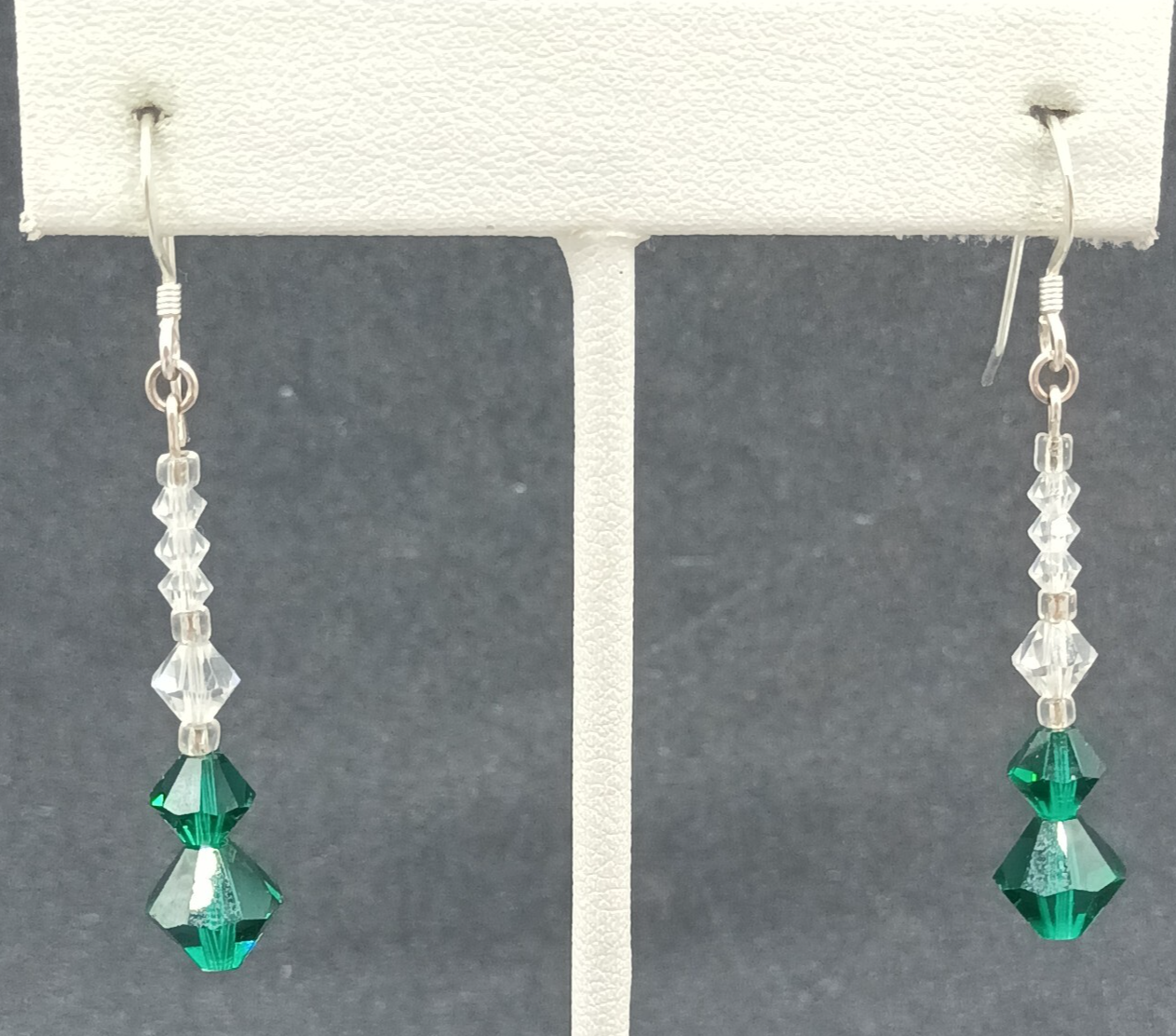 Pierced Earrings Silver tone Hook Faceted Clear Green Beaded Dangle 1 1/4"
