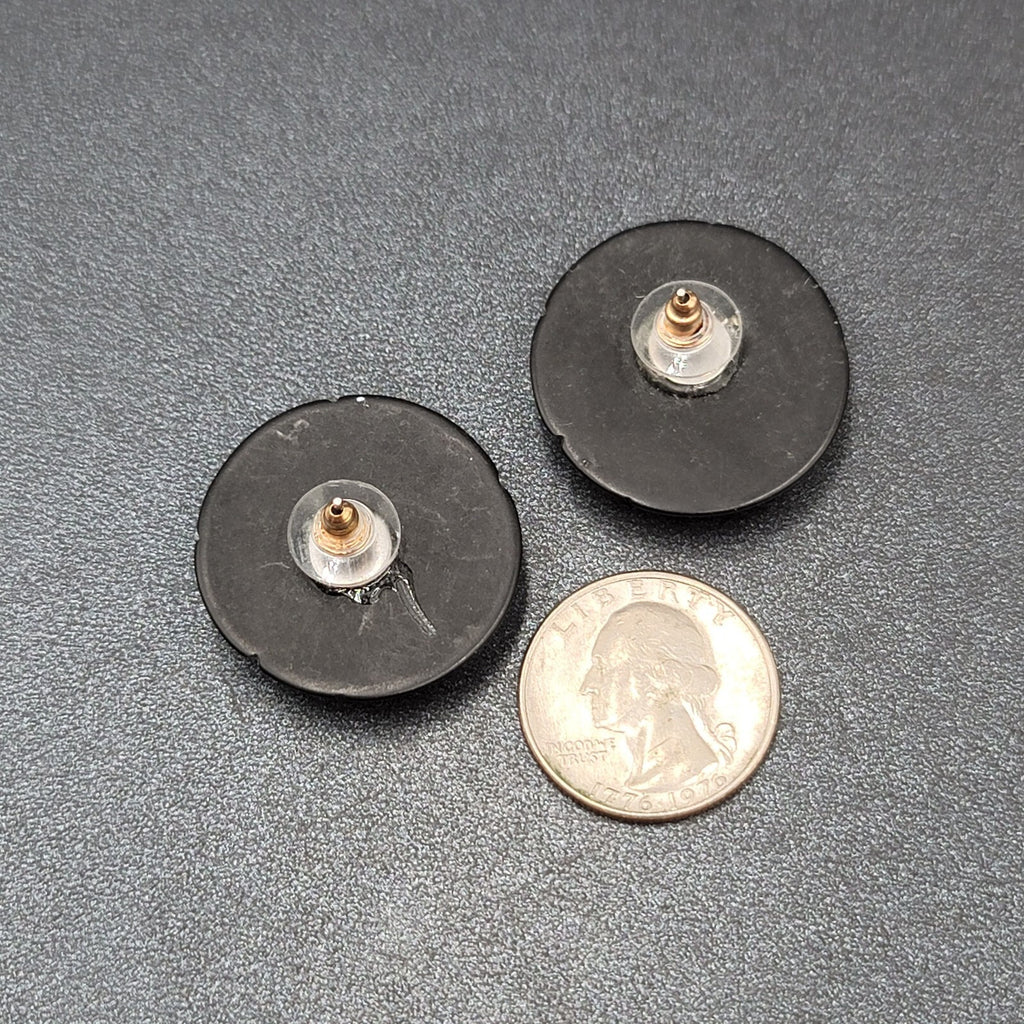 Vintage Pierced Earrings Wood Black Gold Painted Dome Button Stud  1.25"