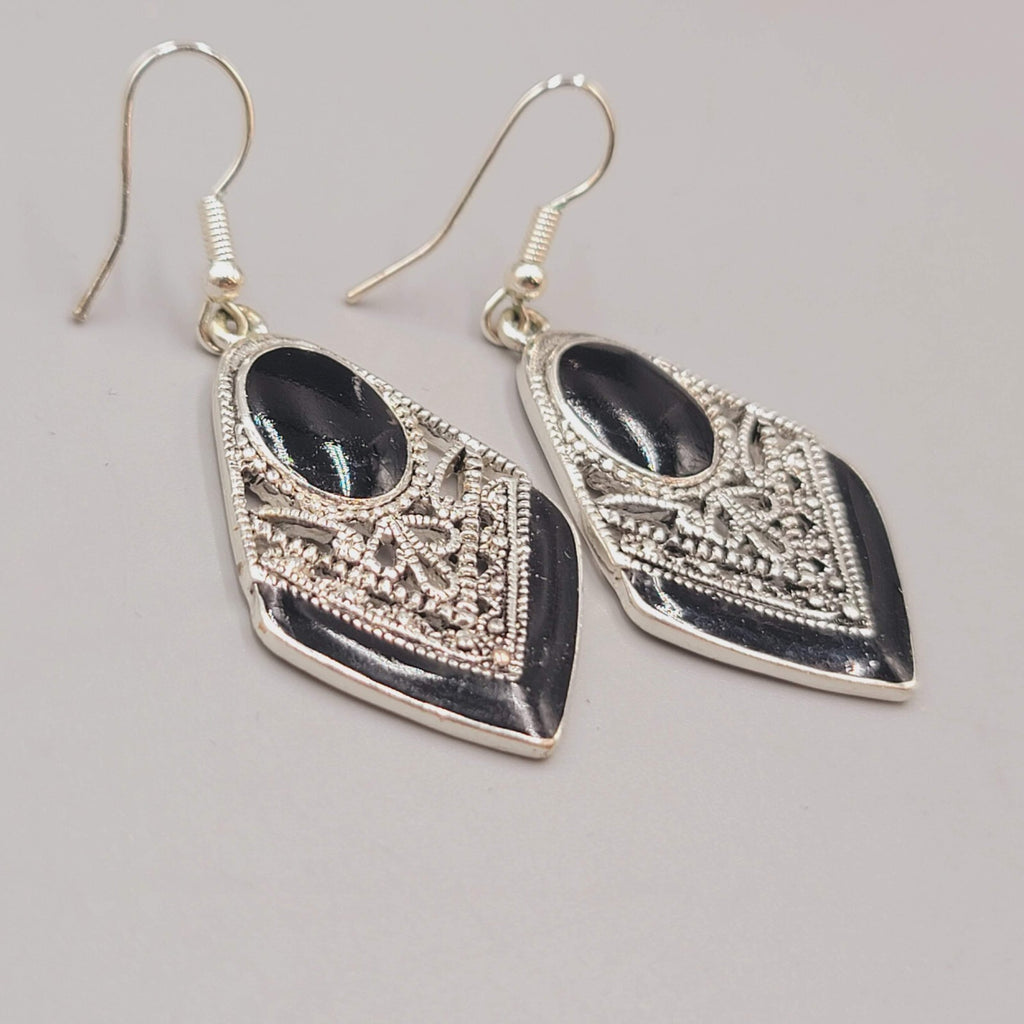 Pierced Earrings Silver tone Dangle Black Enamel Filigree 1.5"