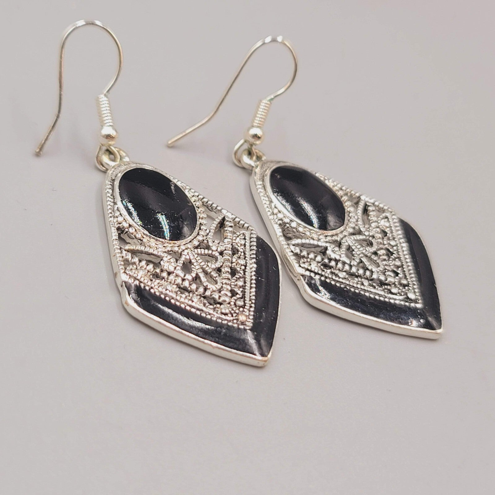 Pierced Earrings Silver tone Dangle Black Enamel Filigree 1.5"