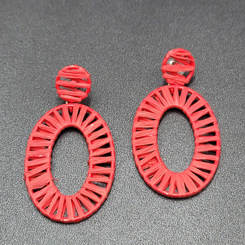 Pierced Earrings Red Rattan Dangle Hoops Statement 2.5"