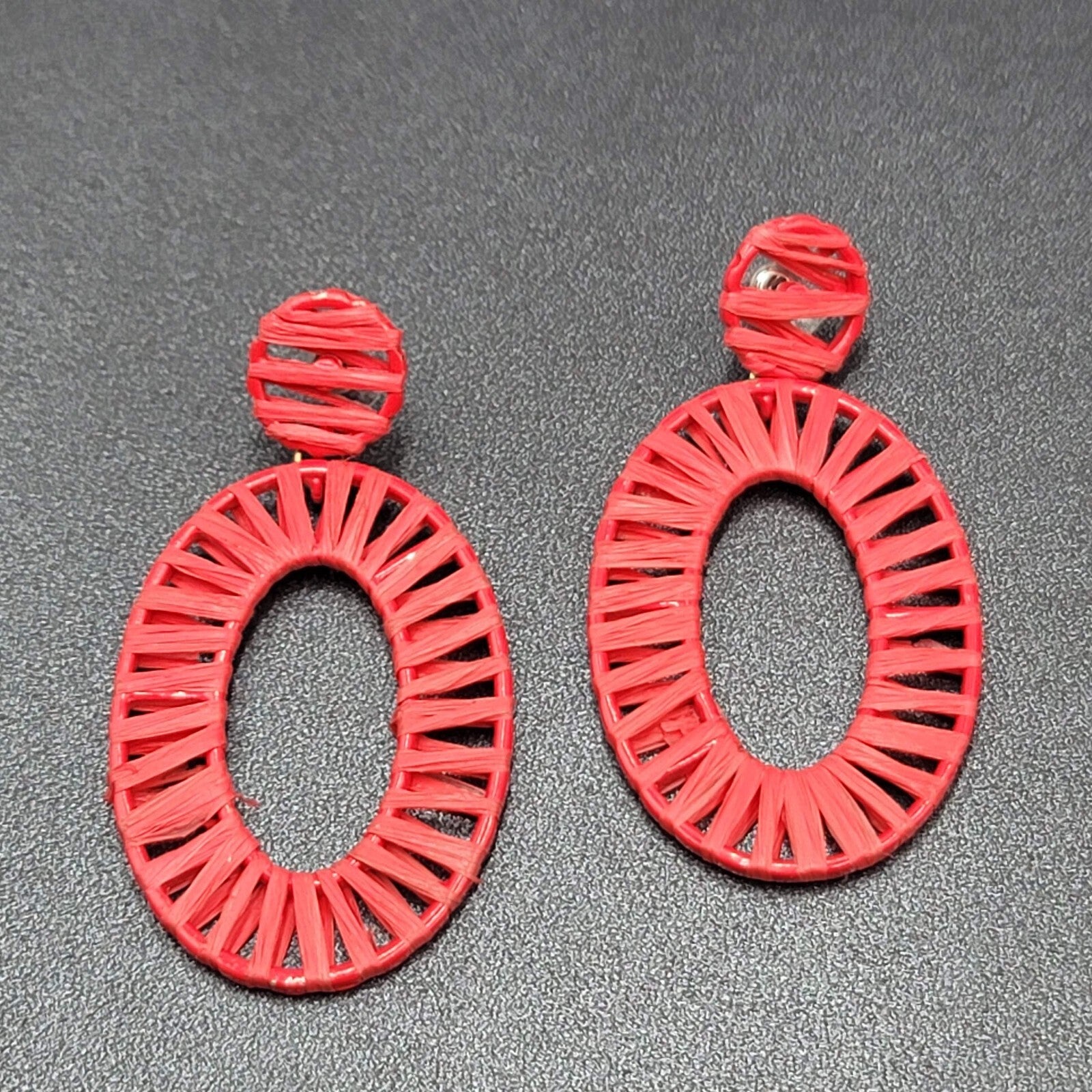 Pierced Earrings Red Rattan Dangle Hoops Statement 2.5"