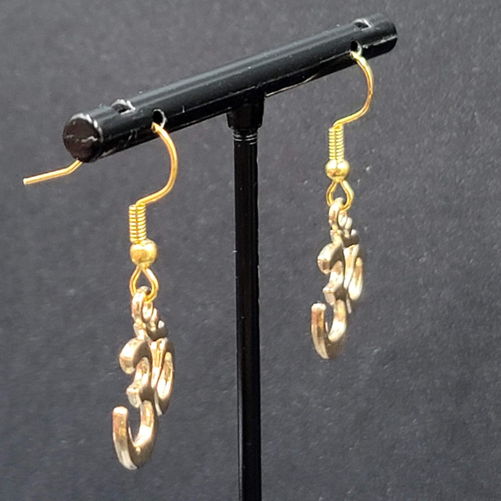 Ohm Pierced Earrings Gold tone Dangle 3/4"