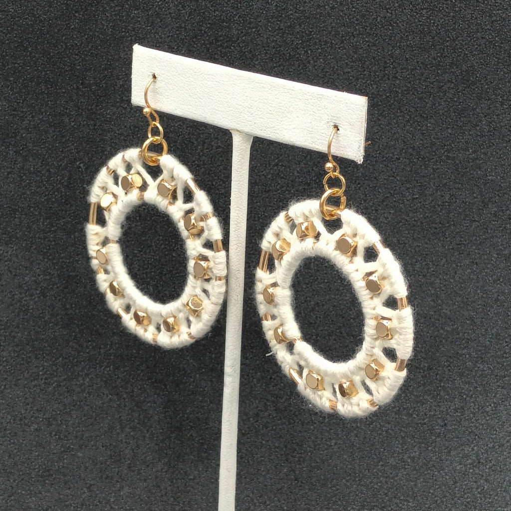 Pierced Earrings Gold tone Dangle Hoops White String Accents  Boho 2"