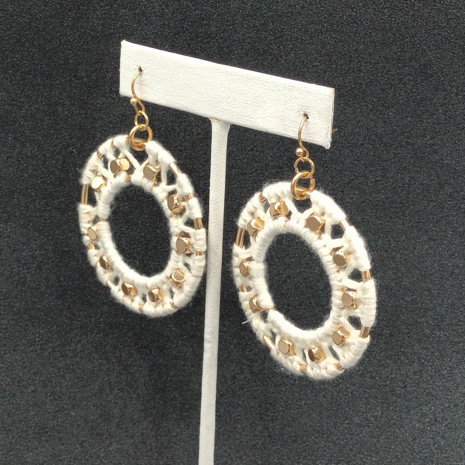 Pierced Earrings Gold tone Dangle Hoops White String Accents  Boho 2"