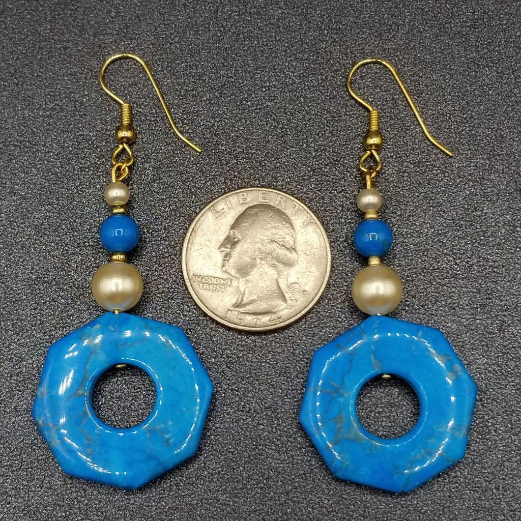 Pierced Earrings Gold tone Howlite Faux Pearl Geometric Statement Dangle 2"