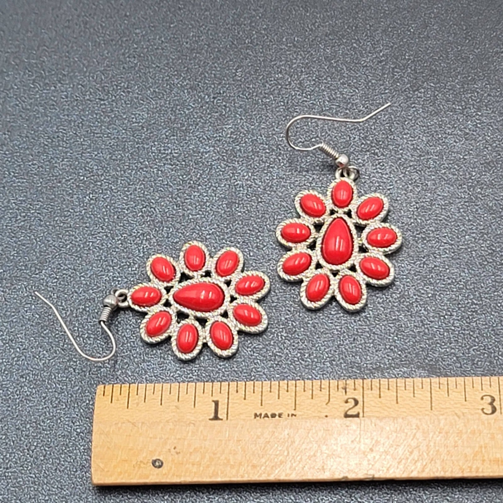 Pierced Earrings Silver tone Red Acrylic Accents 1 1/8"