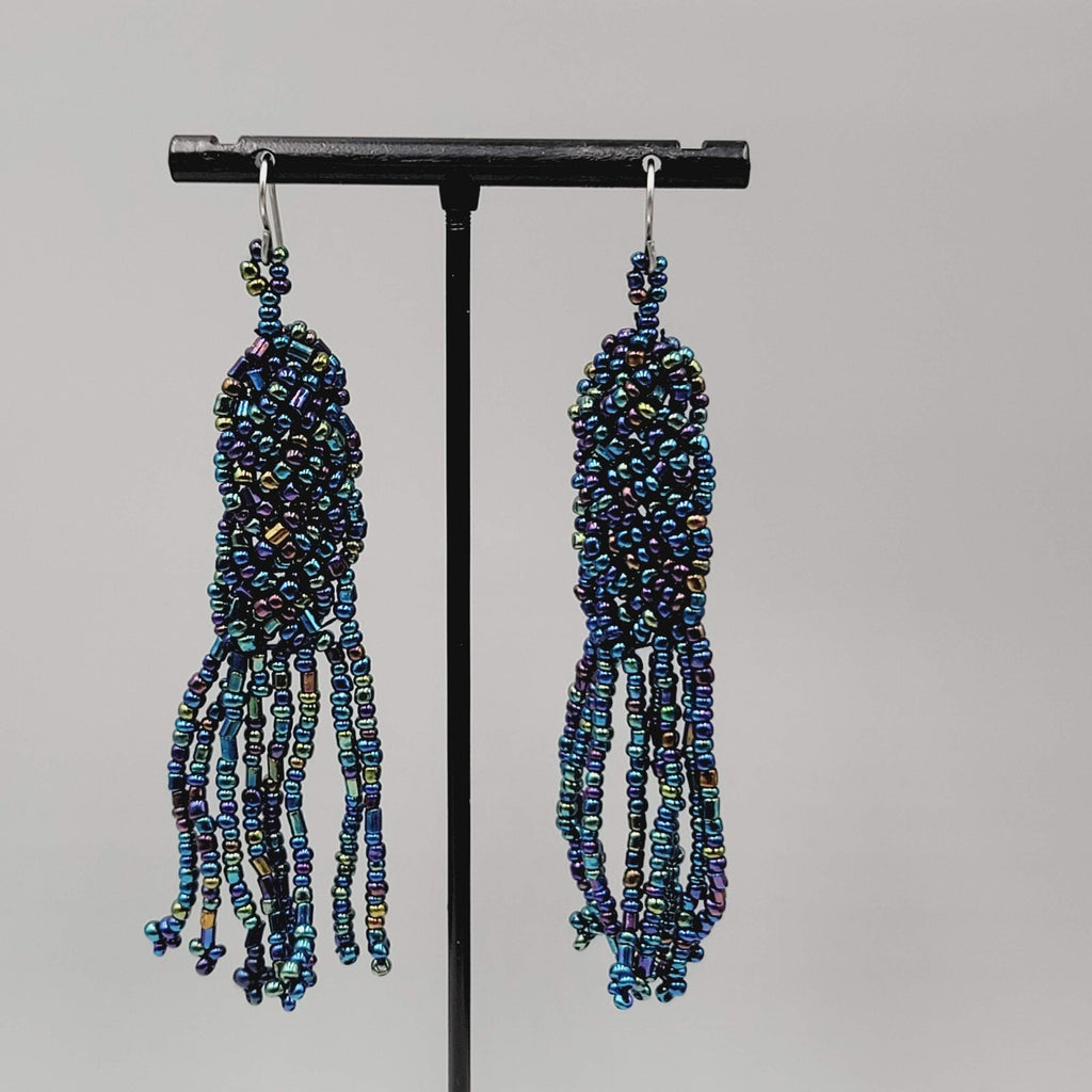 Pierced Earrings AB Black Seed Bead Long Dangle 3"