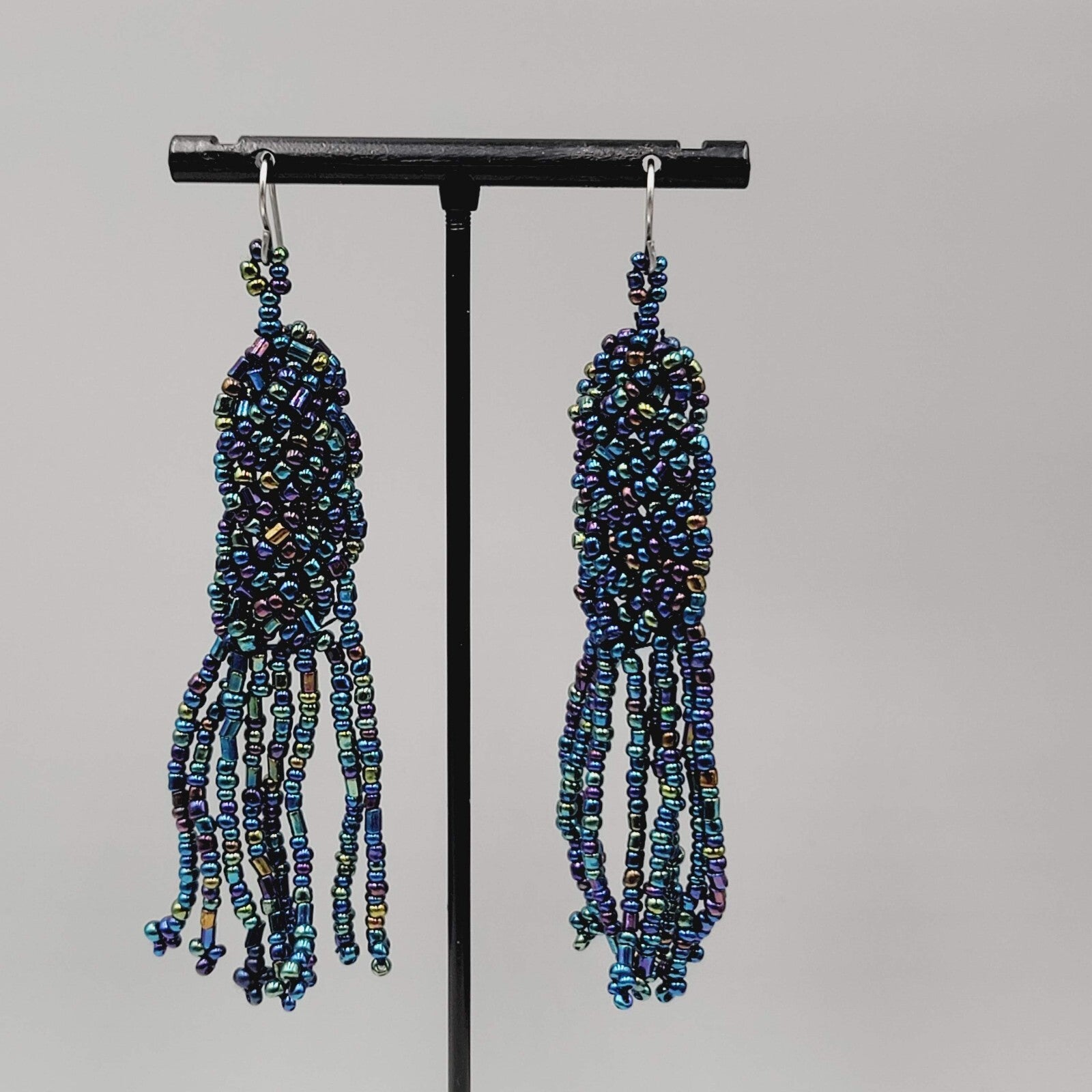 Pierced Earrings AB Black Seed Bead Long Dangle 3"