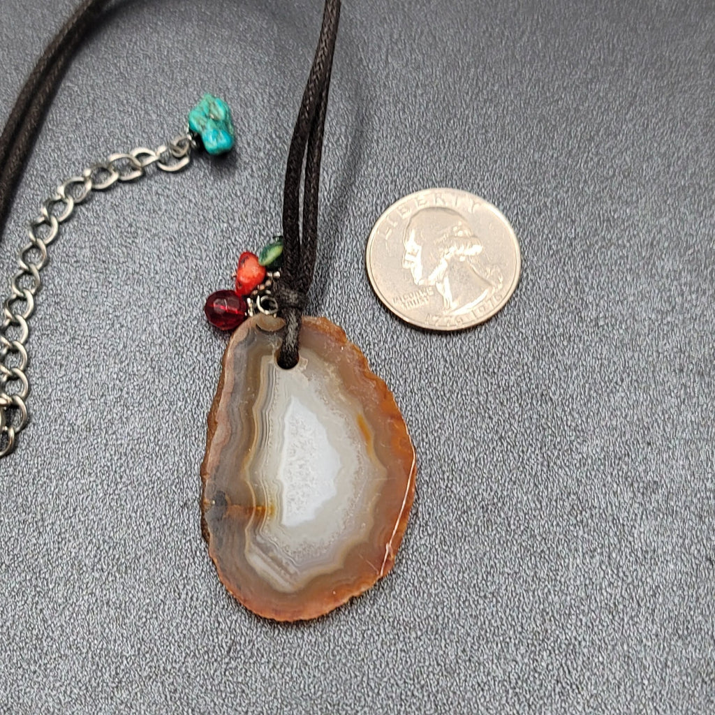 Banded Agate Geode Slice Pendant Necklace Beads Black Cord 15"-18"