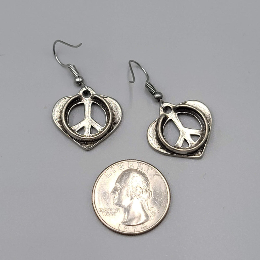 We Are One Peace Heart Pierced Earrings Silver tone Dangle 7/8"