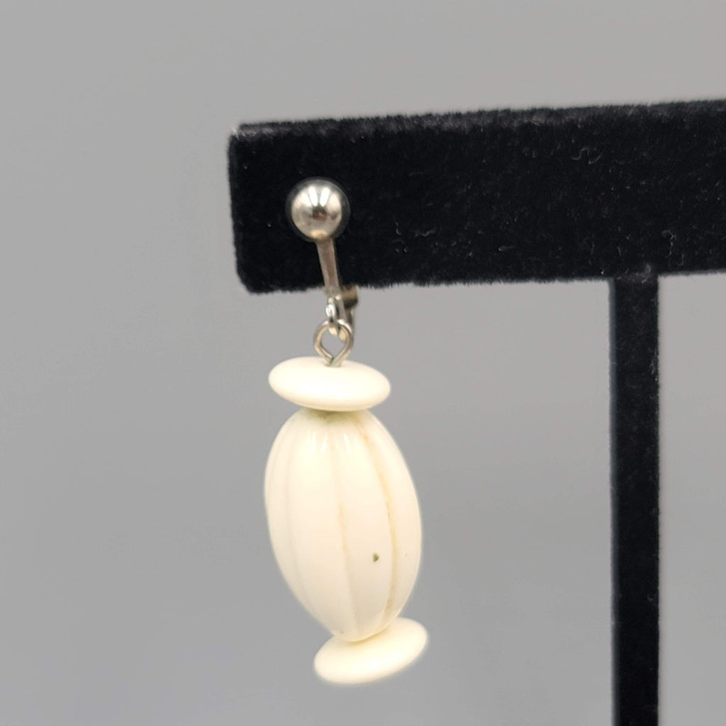 Vintage White Bead Clip on Earrings Silver tone Dangle  1.25"