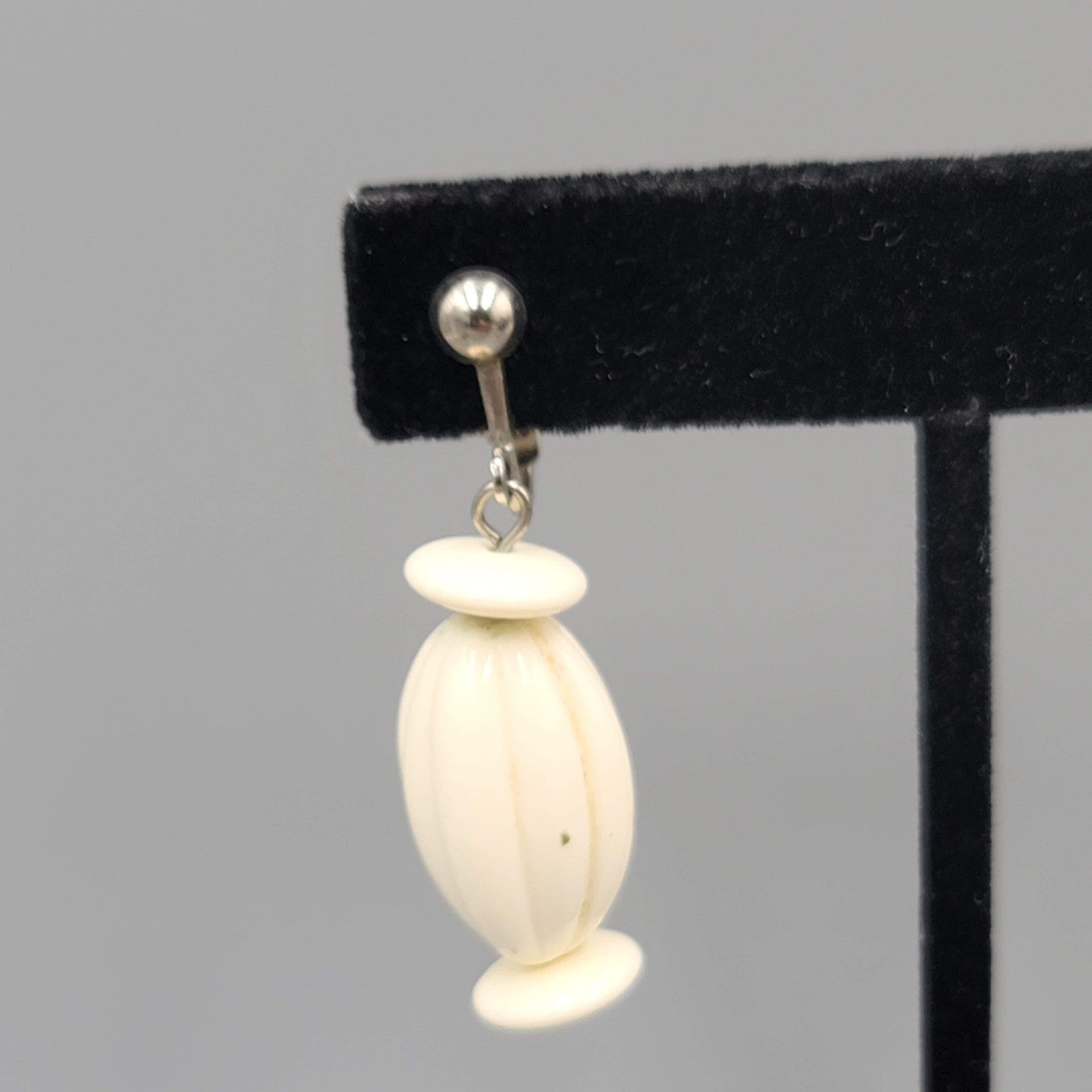 Vintage White Bead Clip on Earrings Silver tone Dangle  1.25"