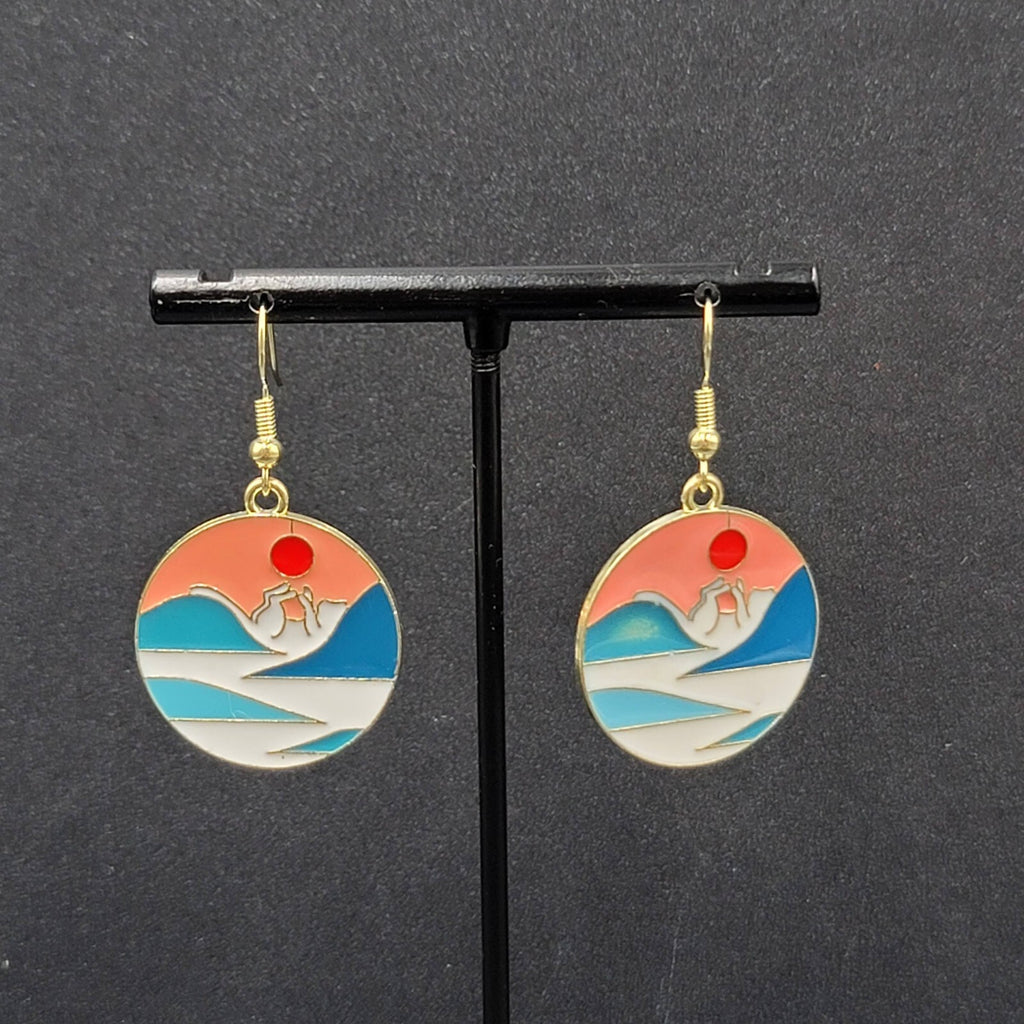 Kitty Cat Playing w Sun Pierced Earrings Japanese Style Art Gold tone Dangle 1"