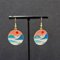 Kitty Cat Playing w Sun Pierced Earrings Japanese Style Art Gold tone Dangle 1"