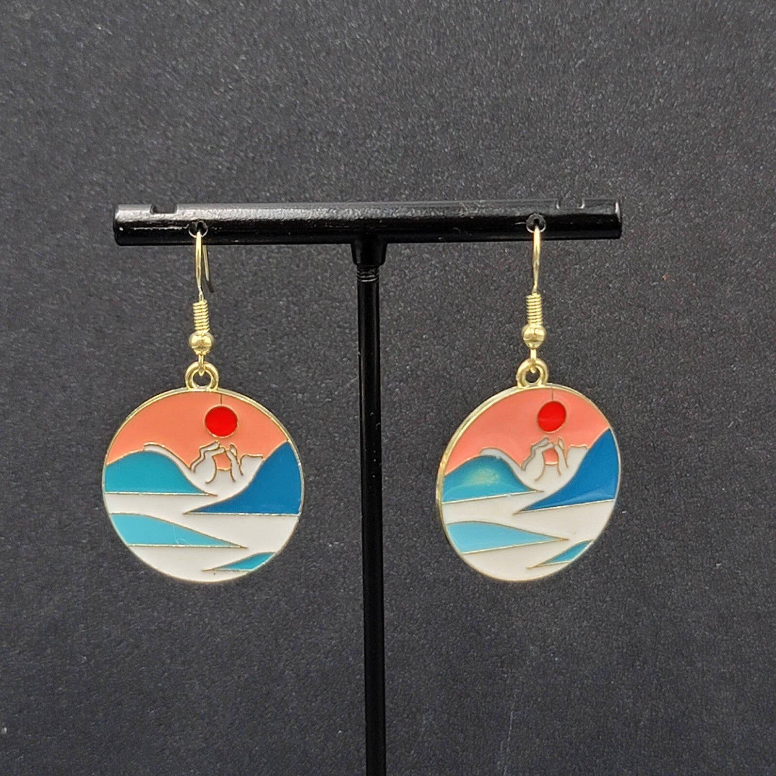 Kitty Cat Playing w Sun Pierced Earrings Japanese Style Art Gold tone Dangle 1"