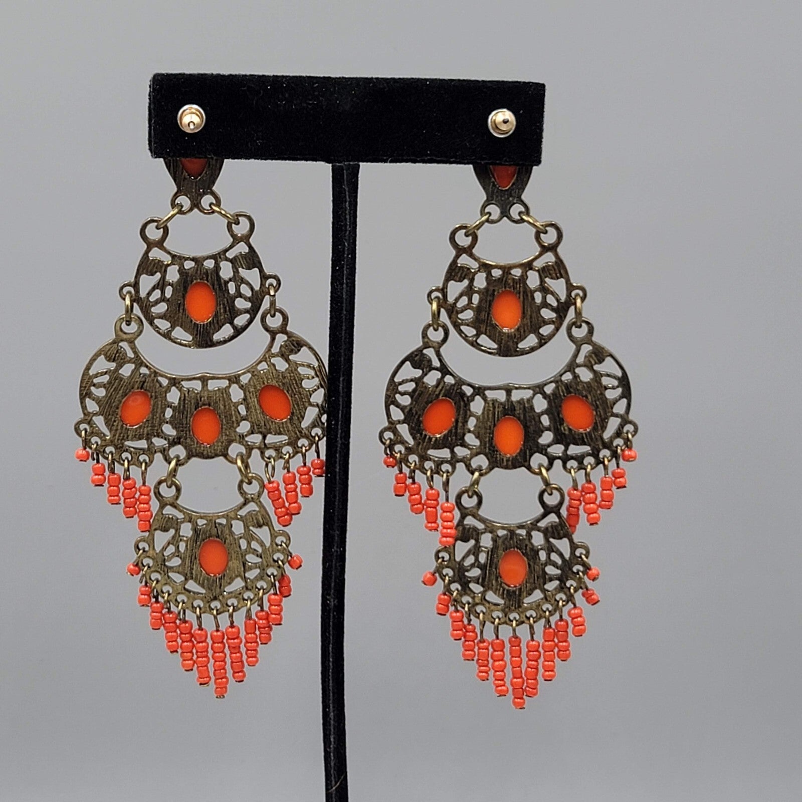 Large Chandelier Pierced Earrings Bronze tone Orange Beads 4"