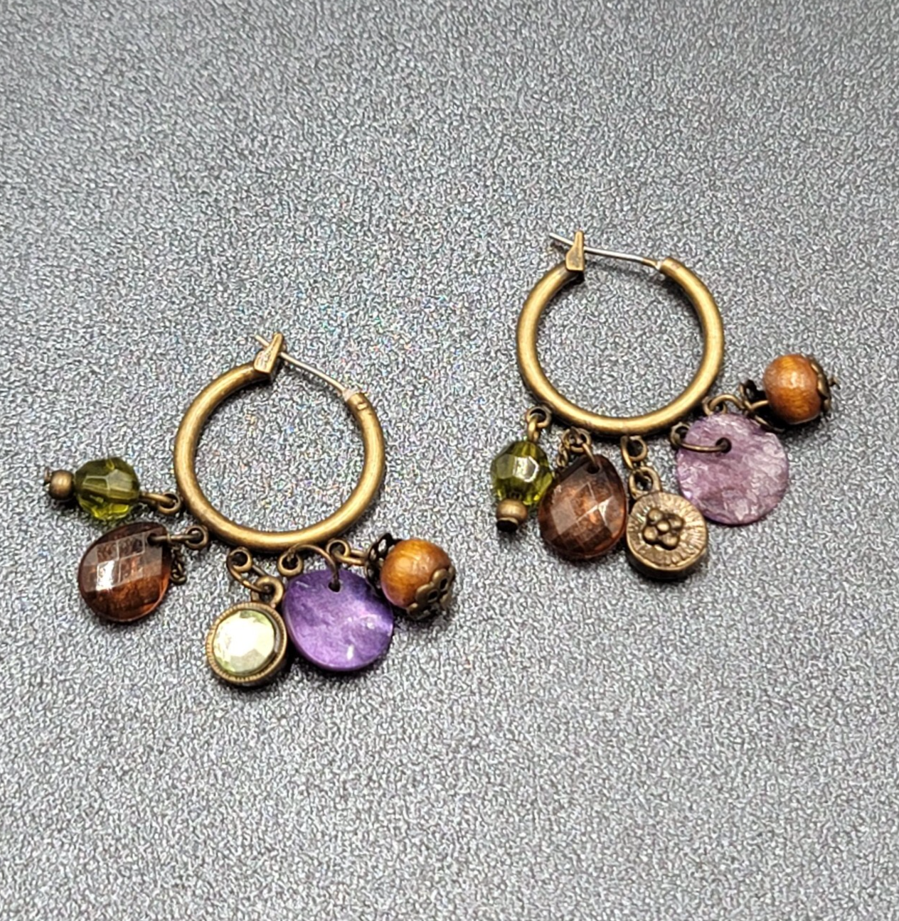Pierced Earrings Green tone Green Orange Purple Beads Hoops 1.25"