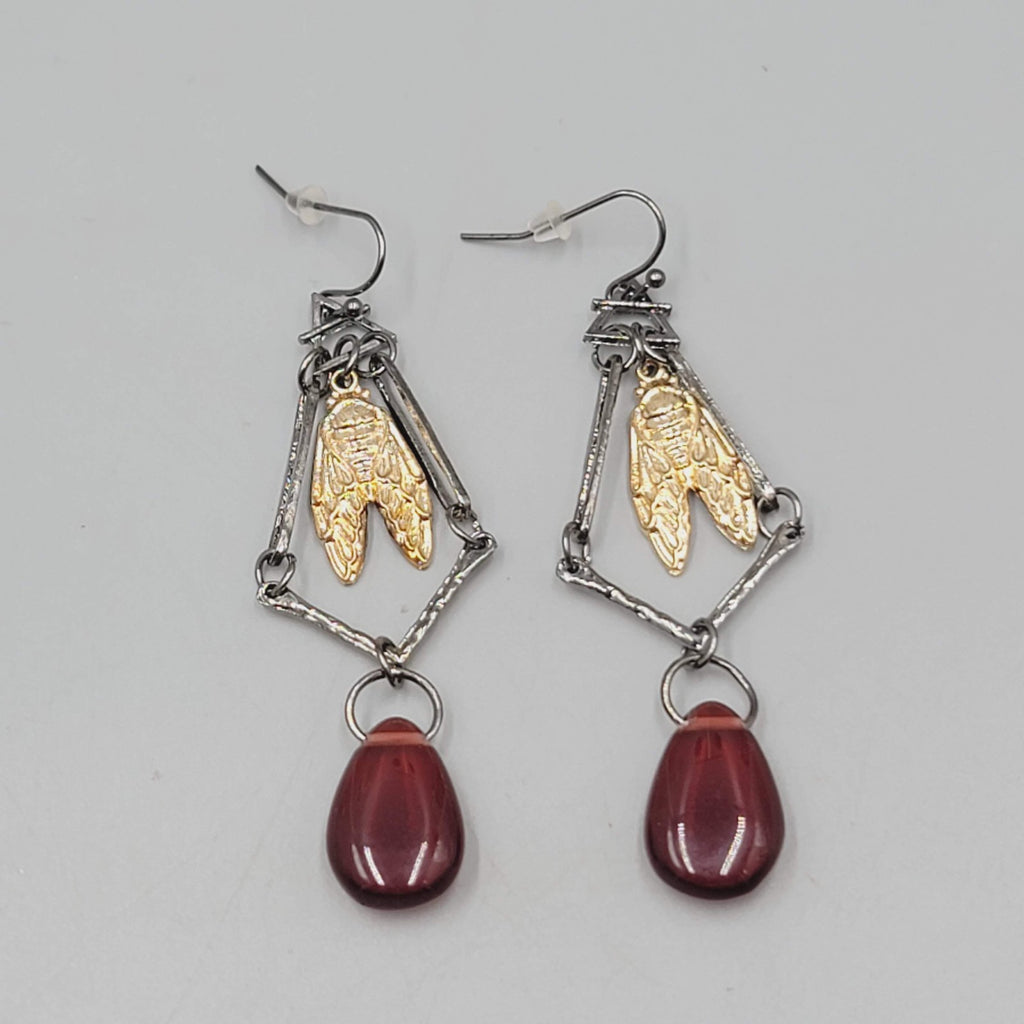 Fly Bug Black Metal Red Bead Pierced Earrings Long Dangle 2.5"