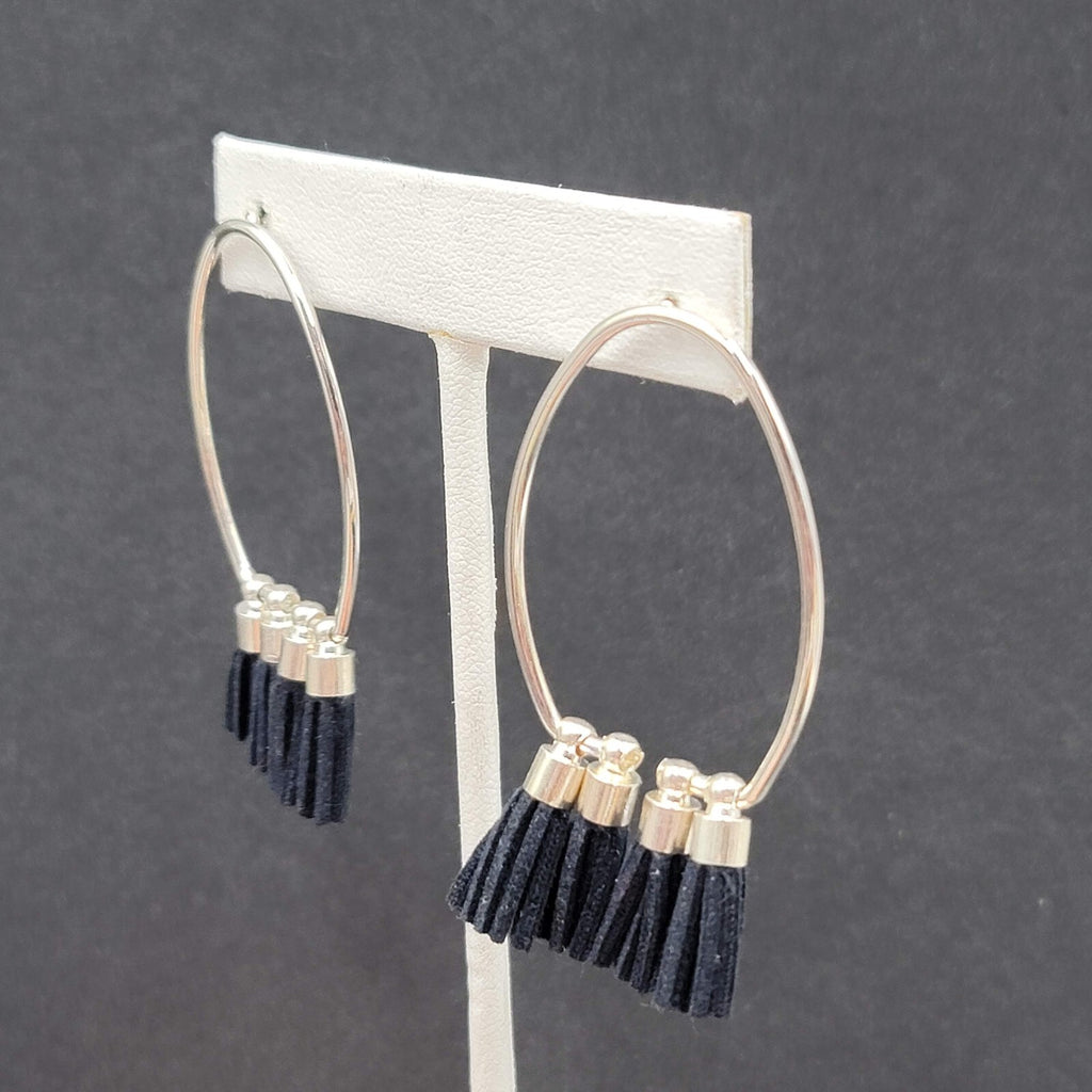 Pierced Earrings Silver tone Open Hoop Black Tassel Drop 2 1/8"