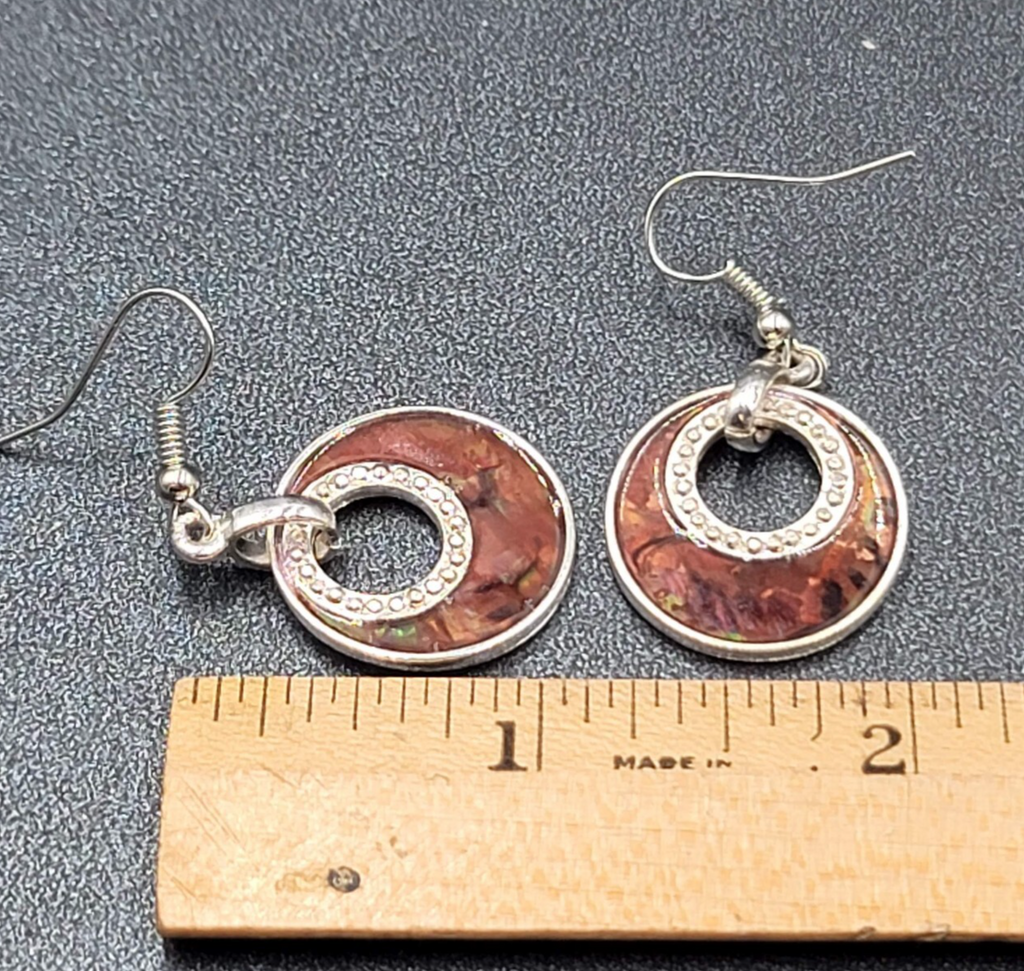 Pierced Earrings Silver tone Faux Abalone Dangle Open Circle 1"