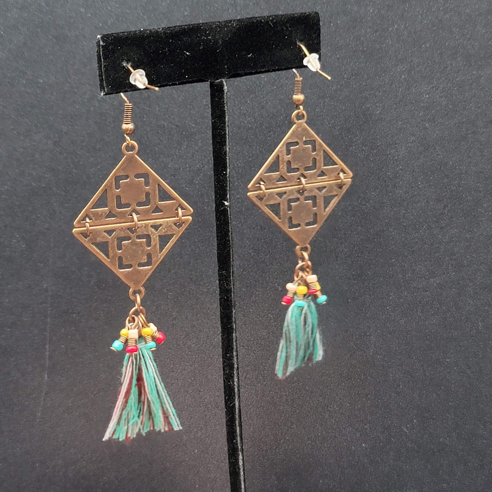 New Boho Pierced Earrings Copper tone Enamel Blue Tassel Long 3"