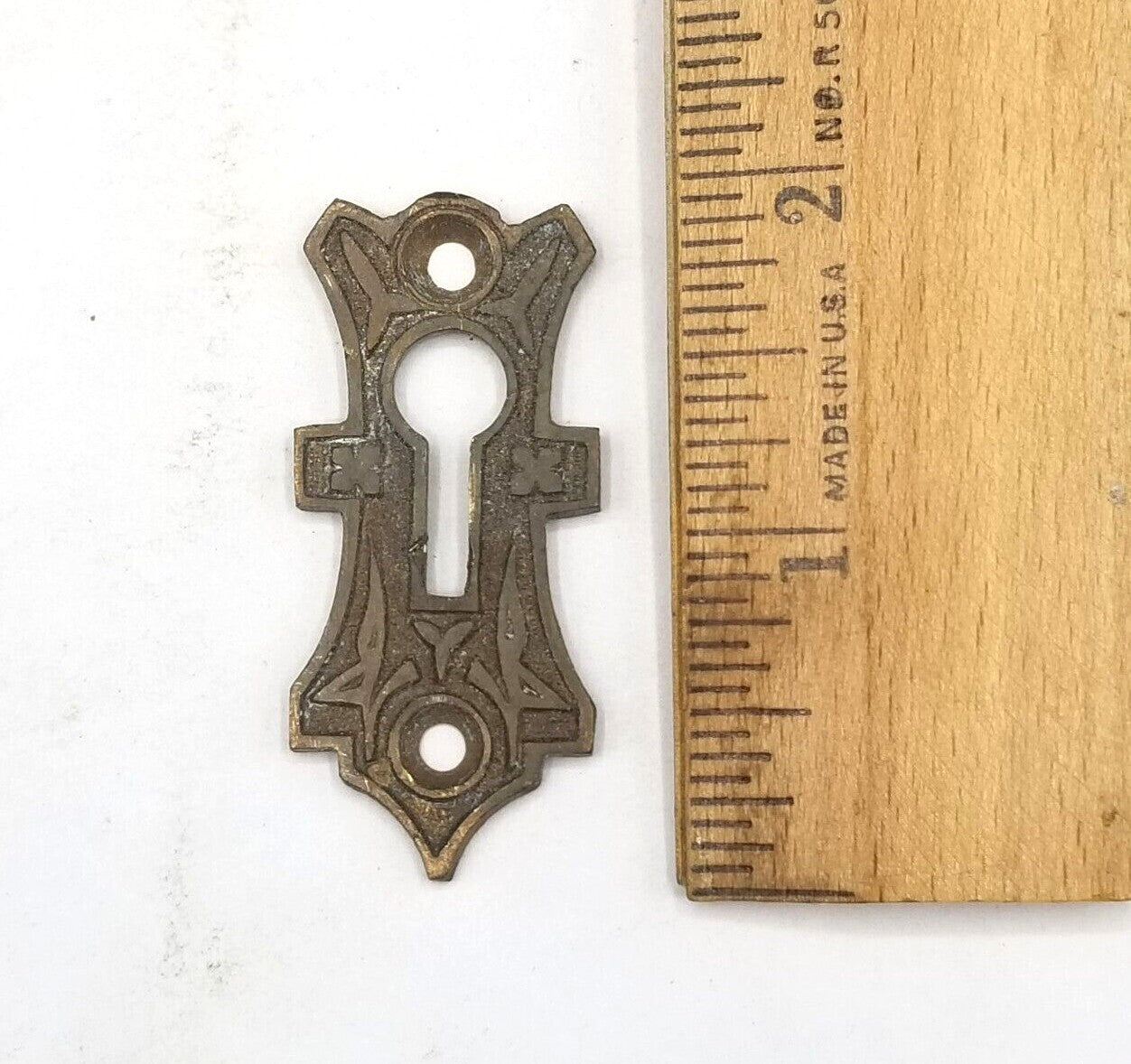 Vintage Ornate Bronze Skeleton Key hole Escutcheon Salvage 2" x 7/8" 3777