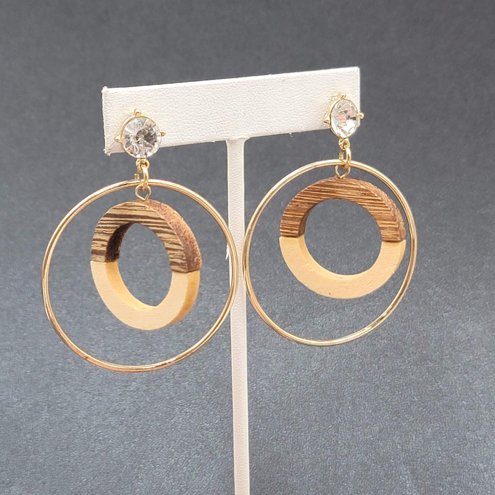 Pierced Earrings Gold tone Wood Rhinestone Hoops Dangle 2 1/4"
