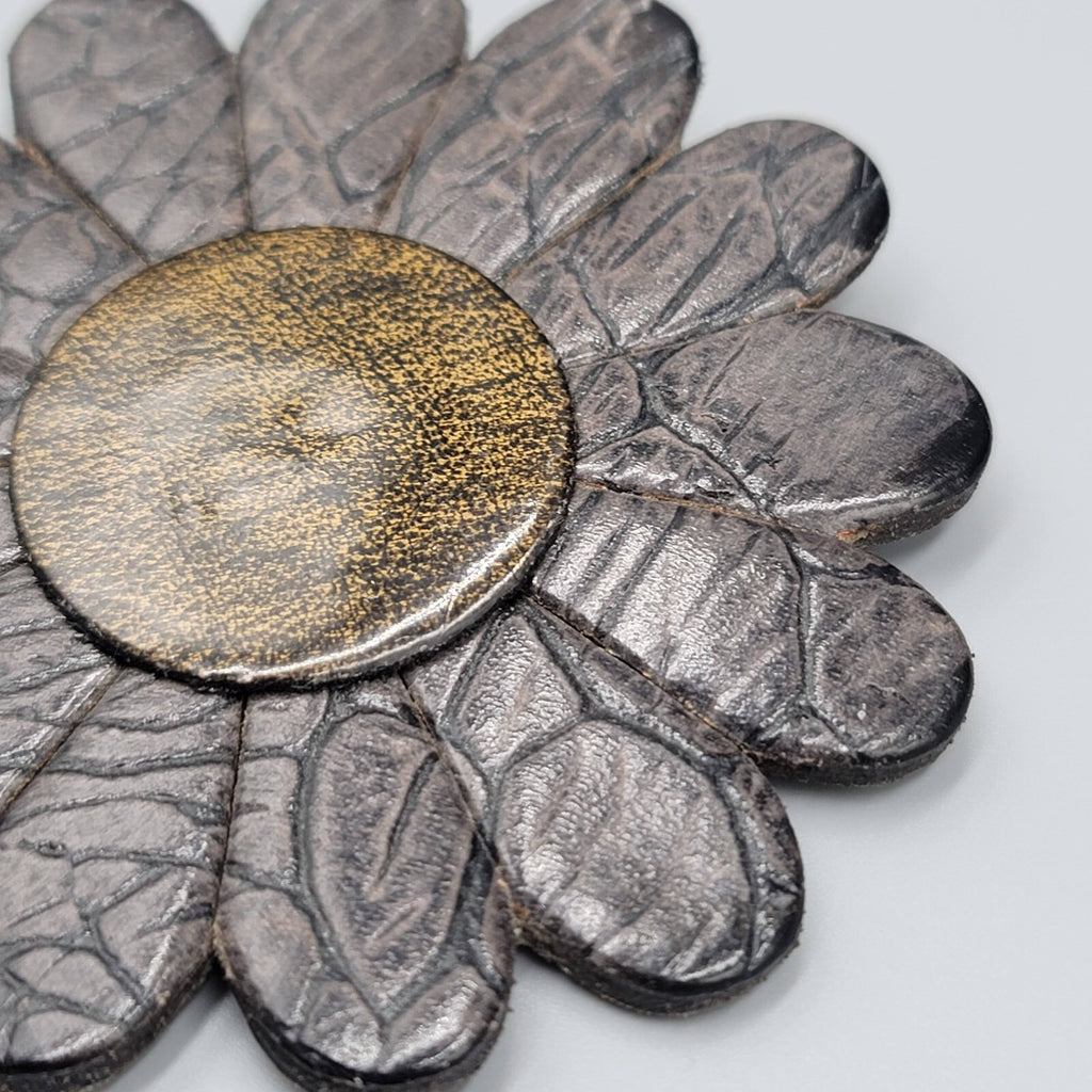 Large Flower Brooch Brown Leather 3.25"