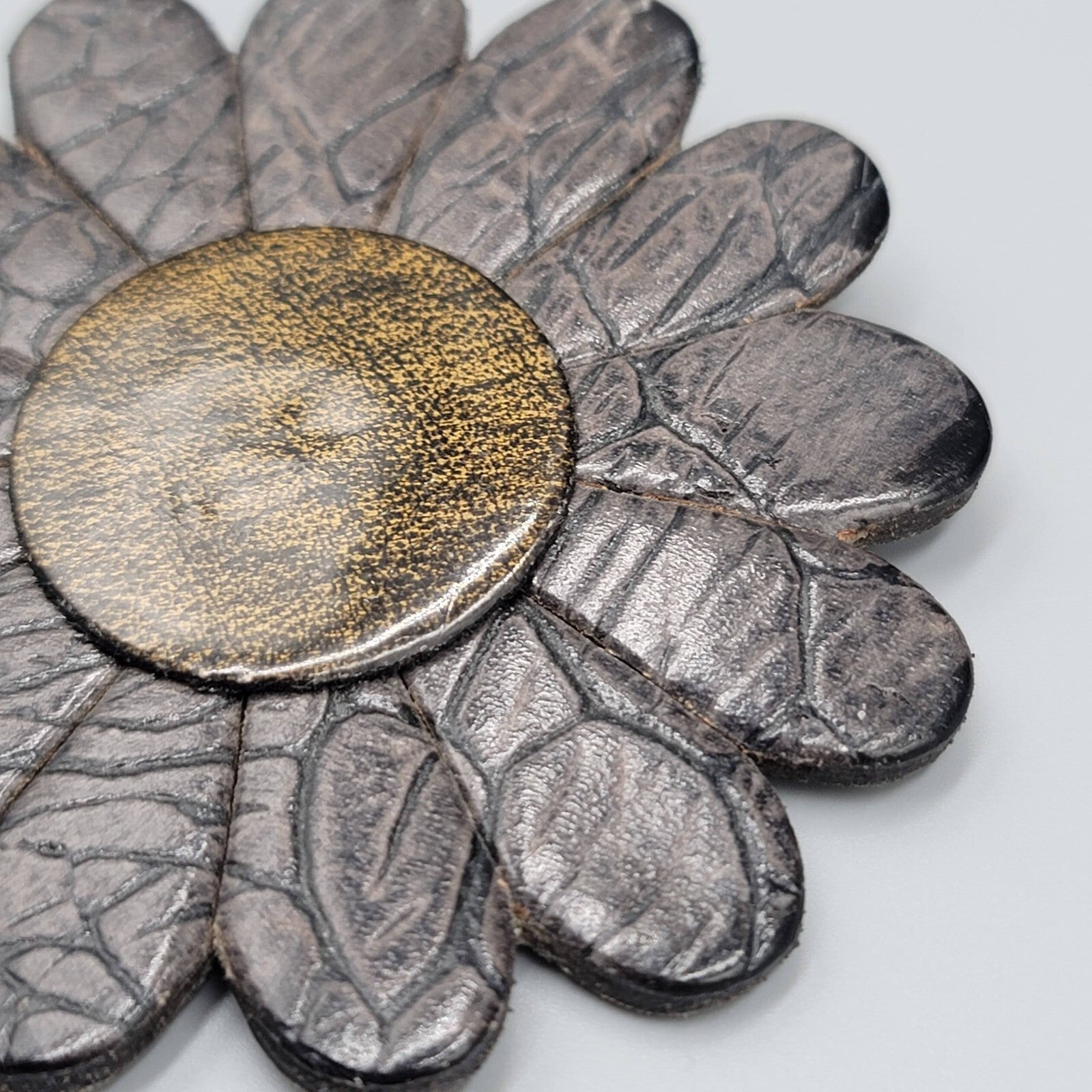Large Flower Brooch Brown Leather 3.25"