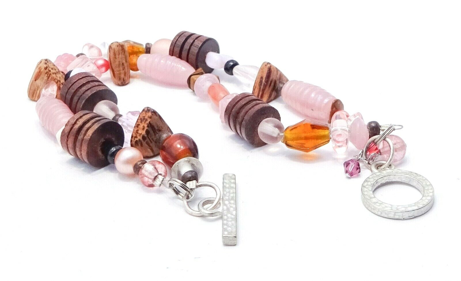 Pink Art Glass Seed Wood Beaded Double Strand Toggle Clasp Bracelet 7 1/2"