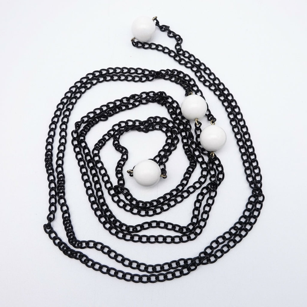 Vintage Black Chain & White Bead LONG Necklace Estate Costume Jewelry 88"