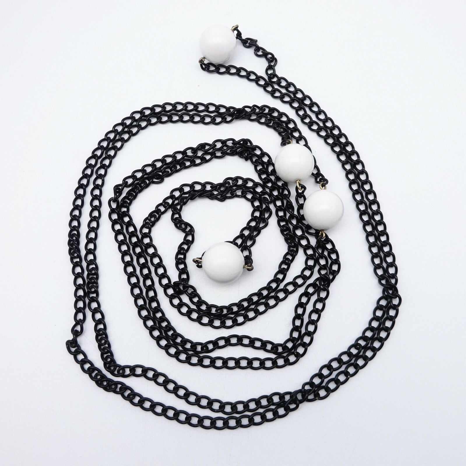 Vintage Black Chain & White Bead LONG Necklace Estate Costume Jewelry 88"
