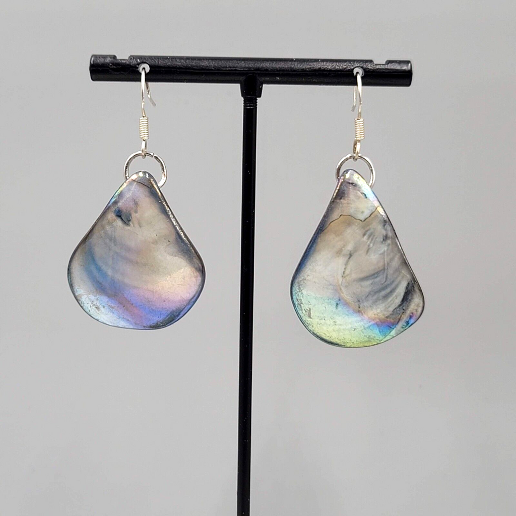 Real Seashell Pierced Earrings Blue Iridescent Sheen Dangle 1 3/8"