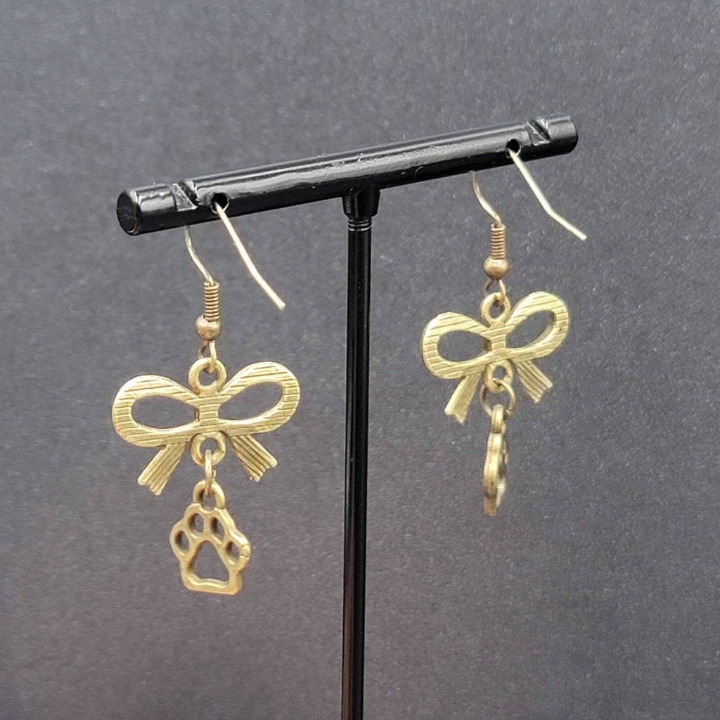 Pierced Bow Dog Paws Earrings Bronze tone Dangle 7/8"