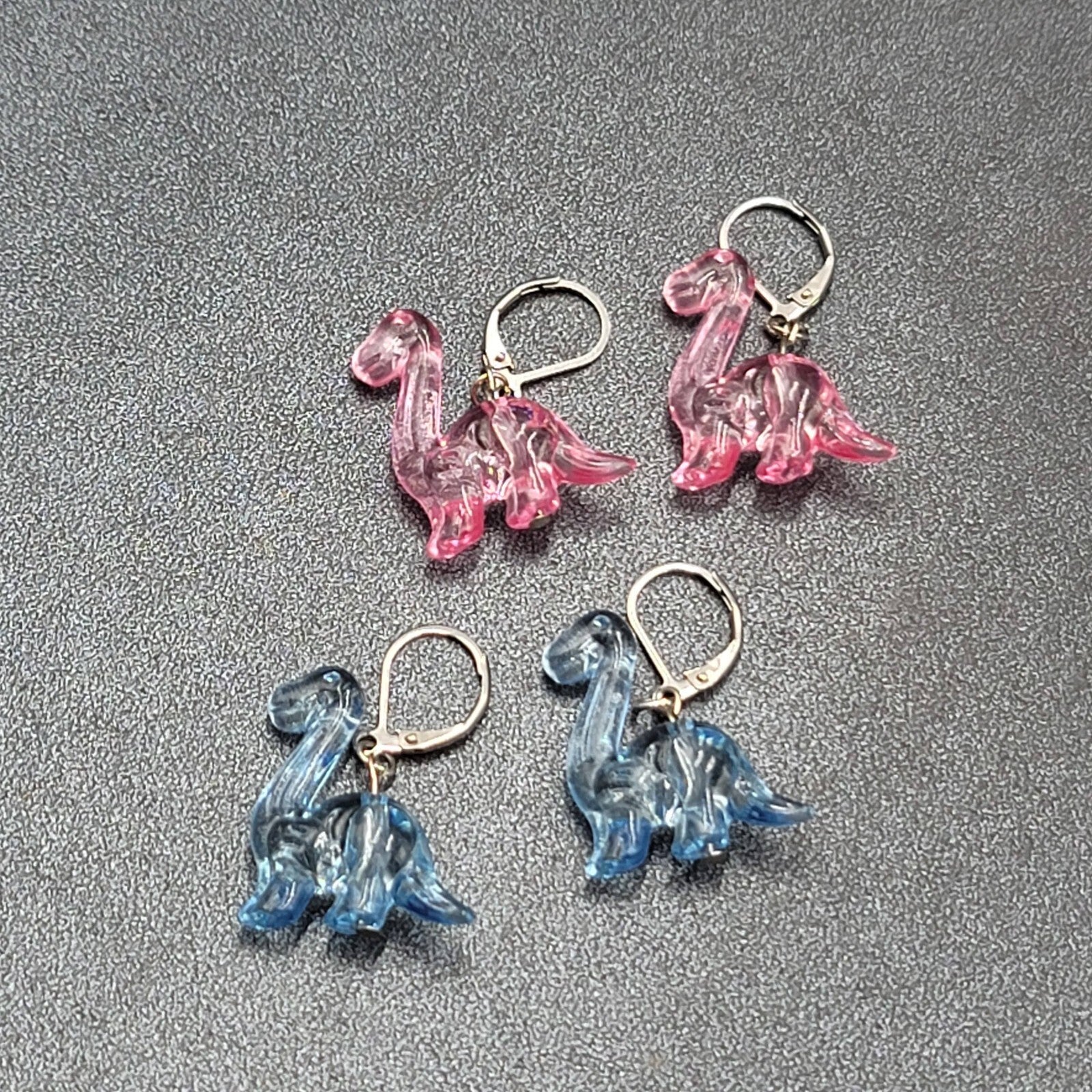 Dinosaur Pierced Earrings Pink Blue Acrylic Dangle 1" Lot of 2 