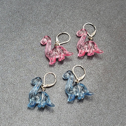 Dinosaur Pierced Earrings Pink Blue Acrylic Dangle 1" Lot of 2 
